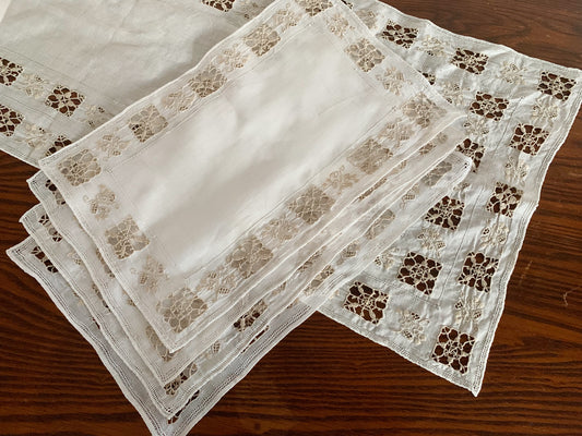 Vintage Italian Linen Set with Reticella Embroidery