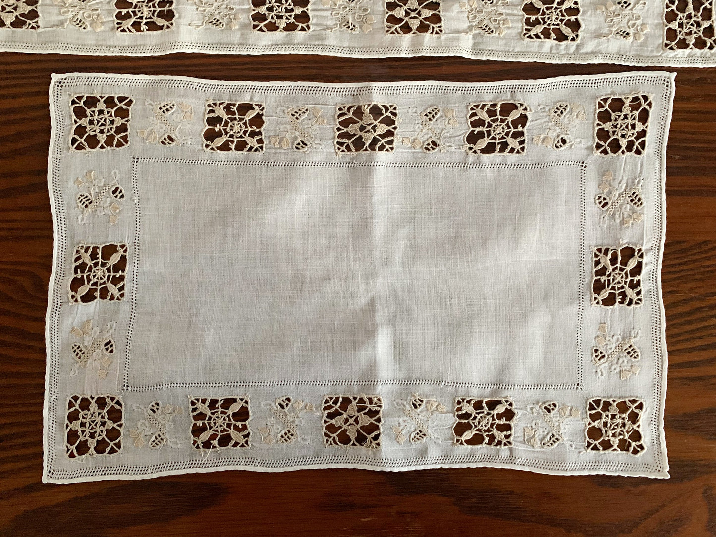 Vintage Italian Linen Set with Reticella Embroidery