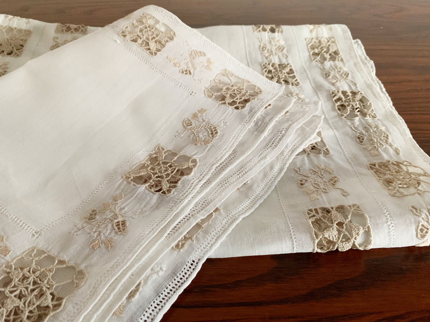 Vintage Italian Linen Set with Reticella Embroidery