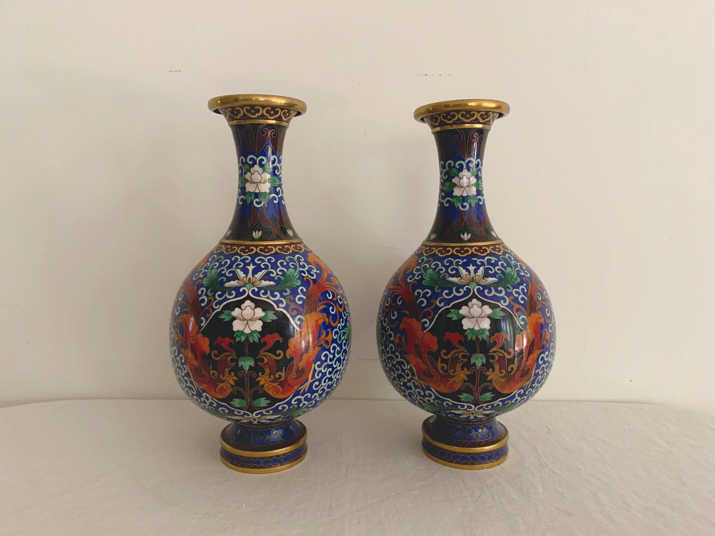 Matching Pair of Blue Cloisonne Vases