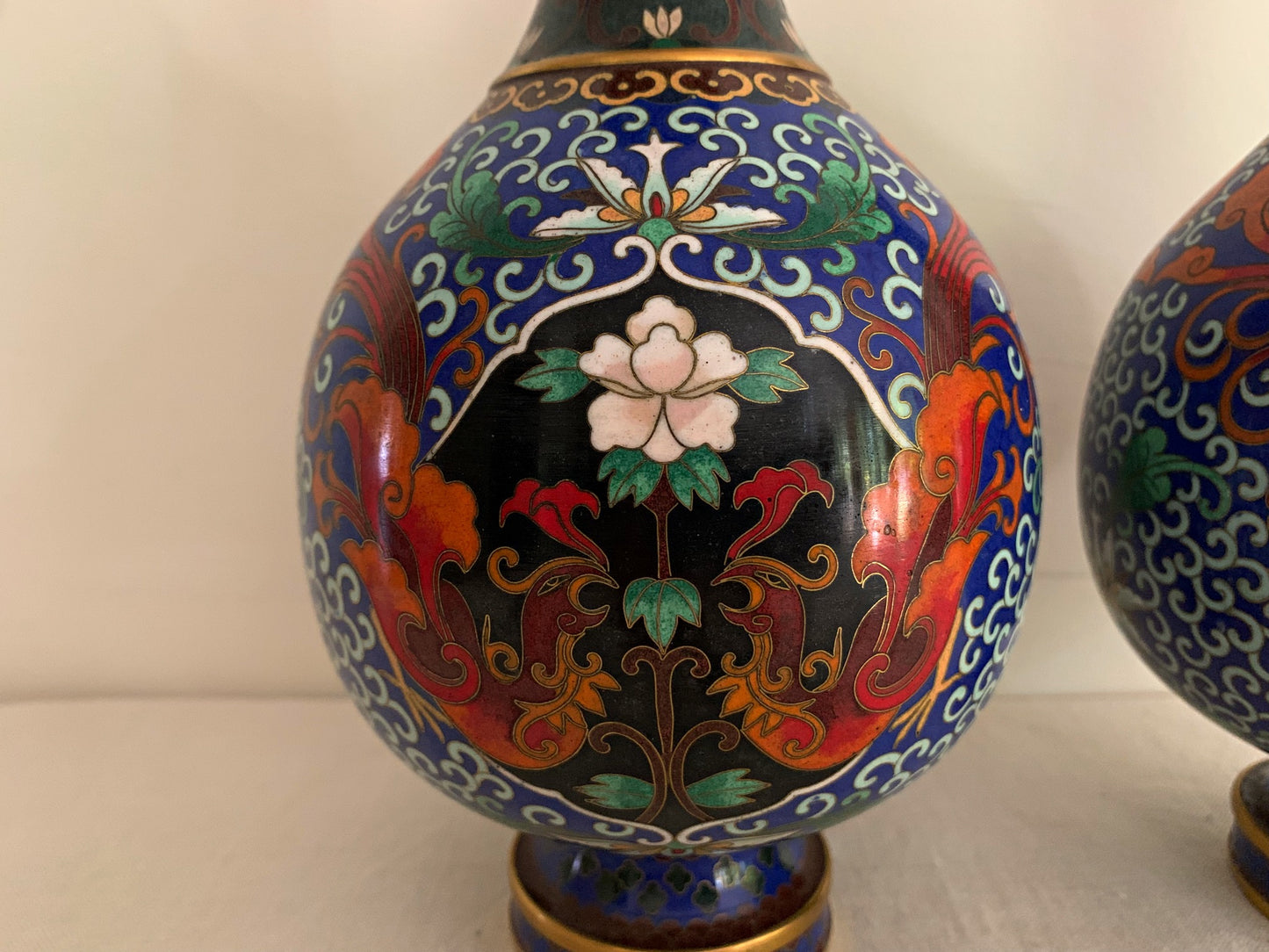 Matching Pair of Blue Cloisonne Vases