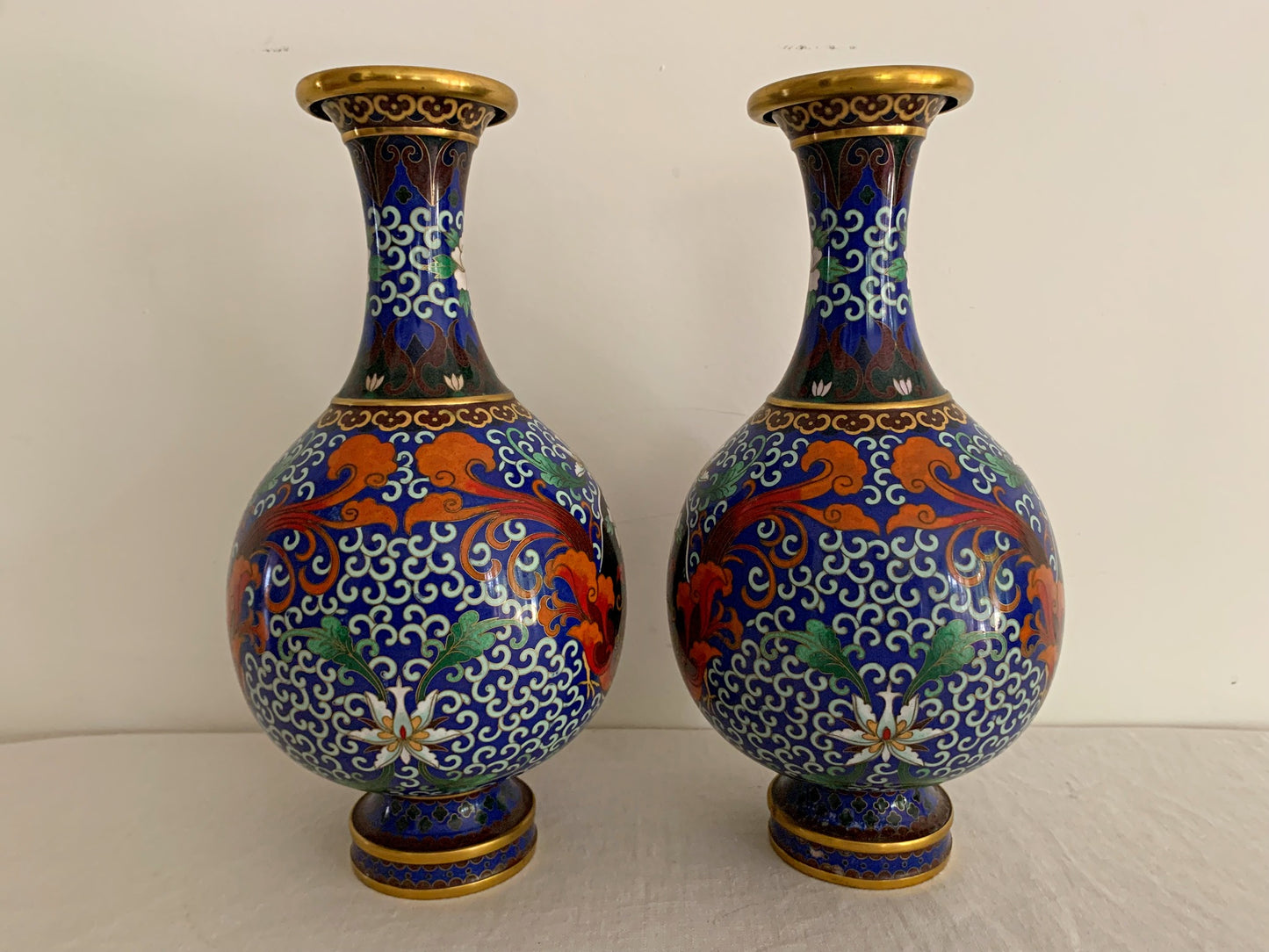 Matching Pair of Blue Cloisonne Vases