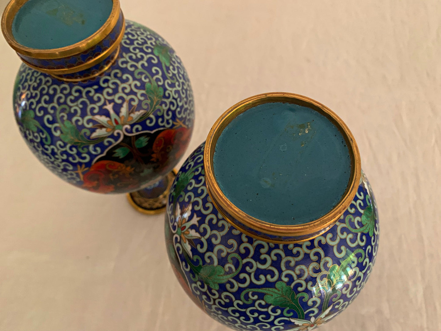 Matching Pair of Blue Cloisonne Vases