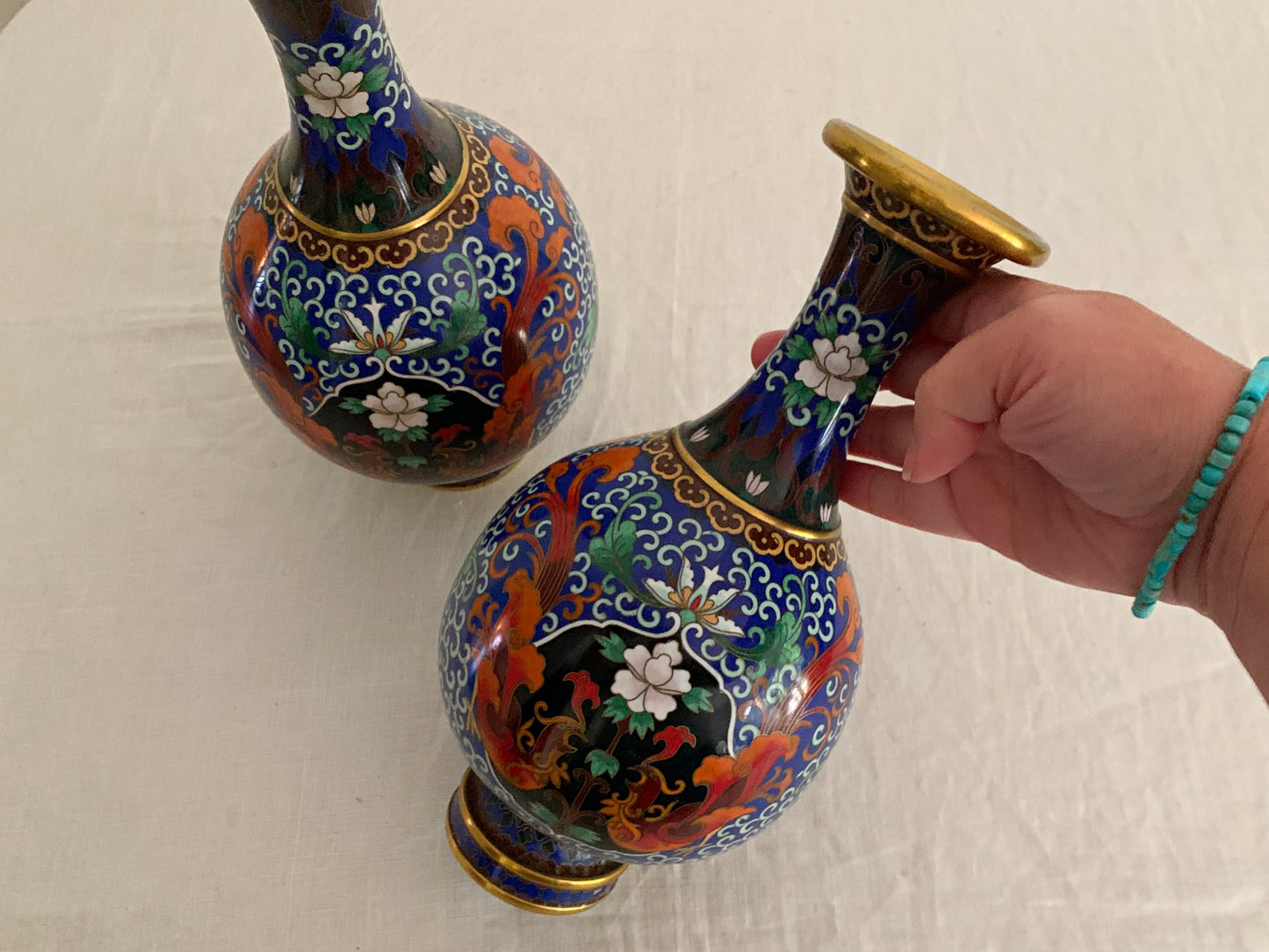 Matching Pair of Blue Cloisonne Vases