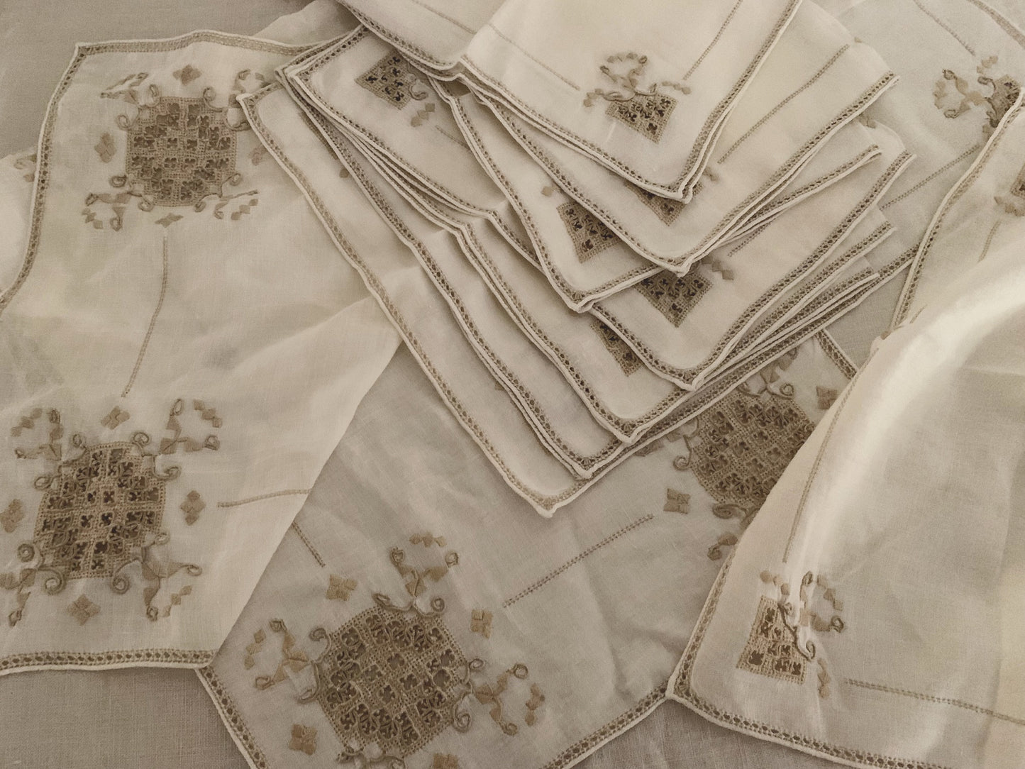 Vintage Italian Linen Set with Reticella Embroidery