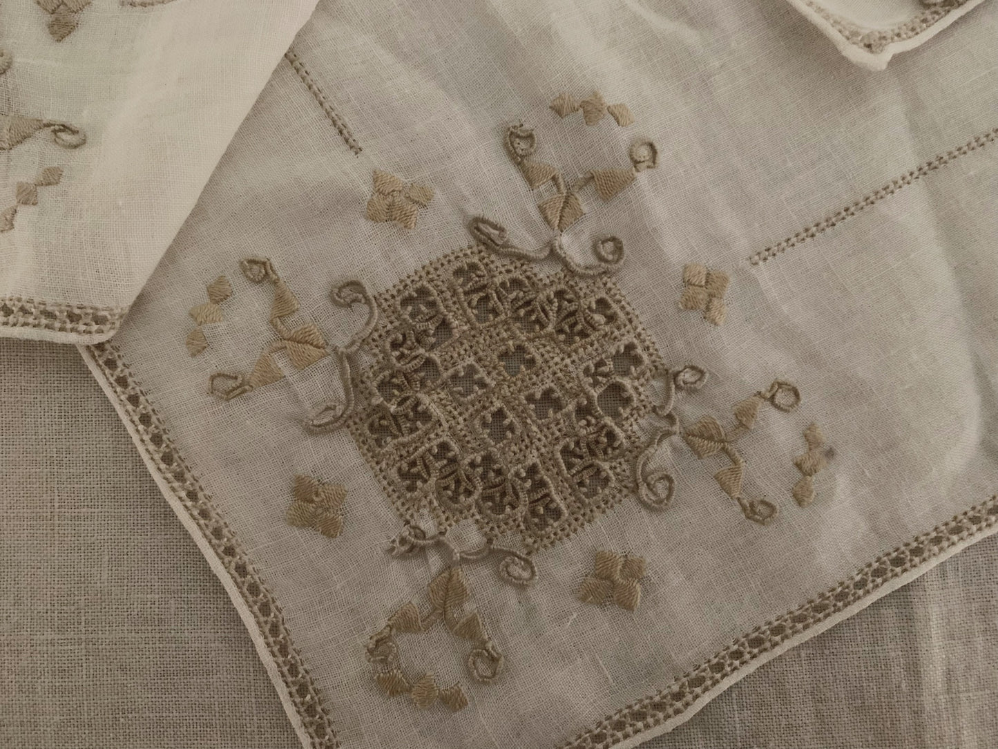 Vintage Italian Linen Set with Reticella Embroidery