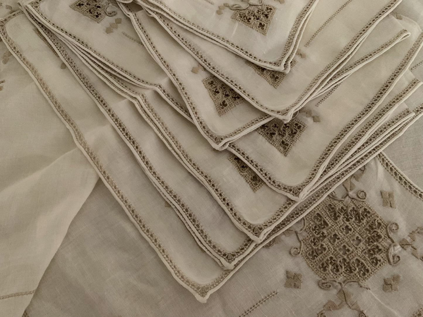 Vintage Italian Linen Set with Reticella Embroidery