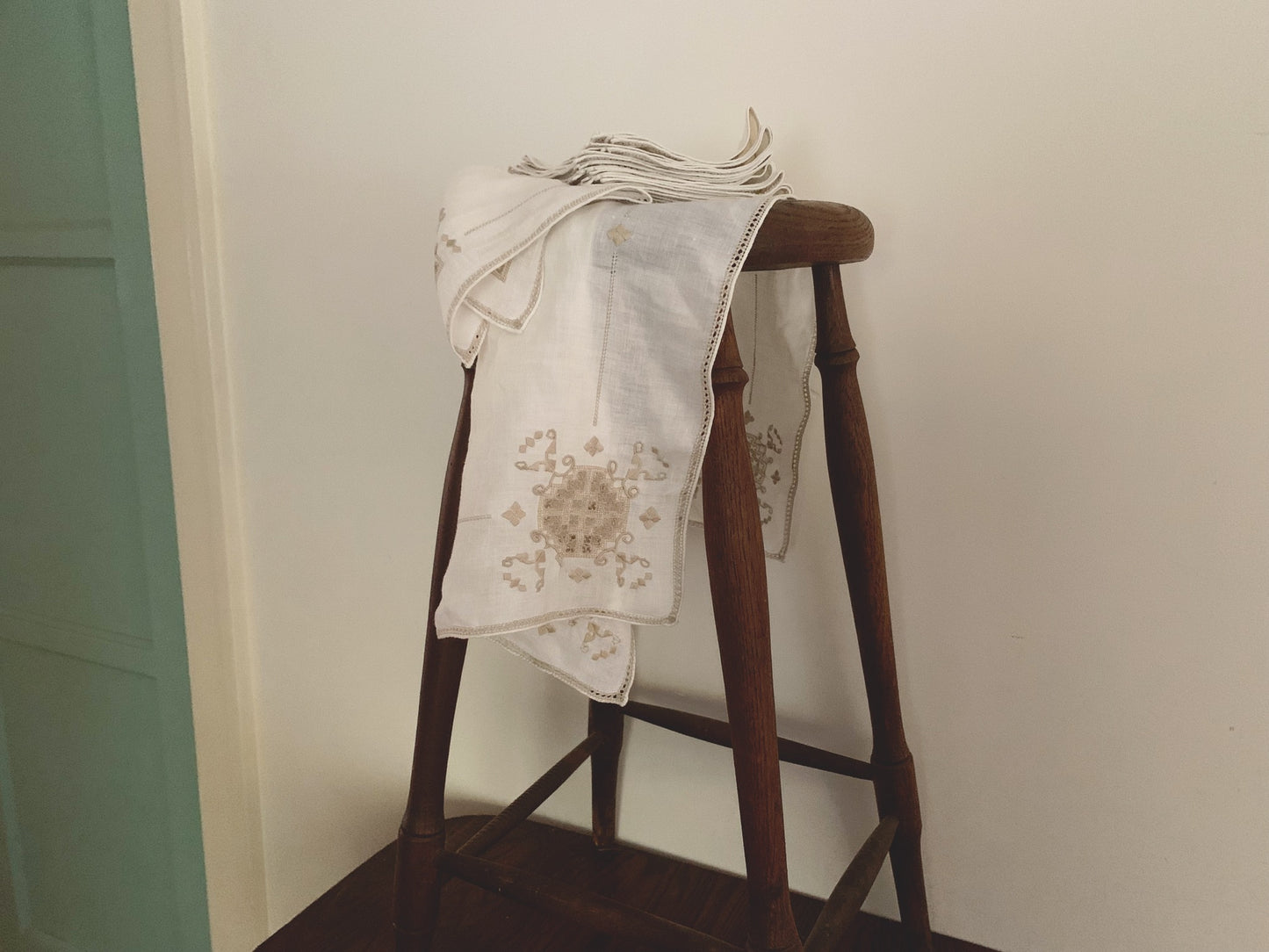 Vintage Italian Linen Set with Reticella Embroidery