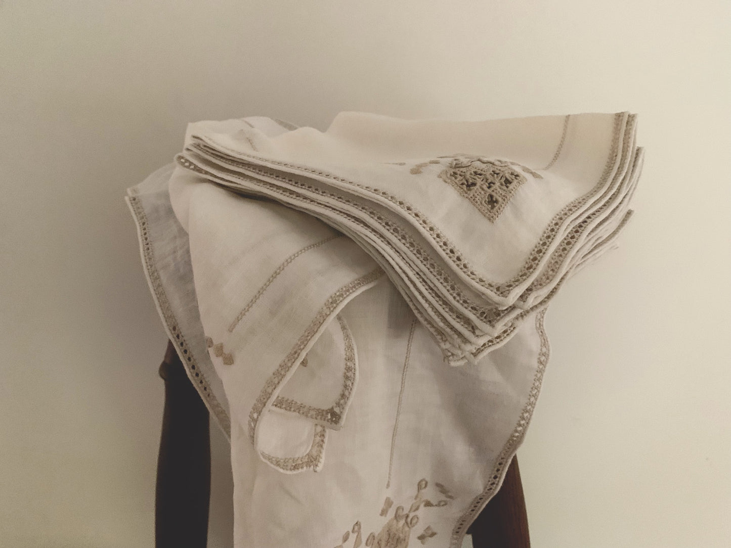 Vintage Italian Linen Set with Reticella Embroidery