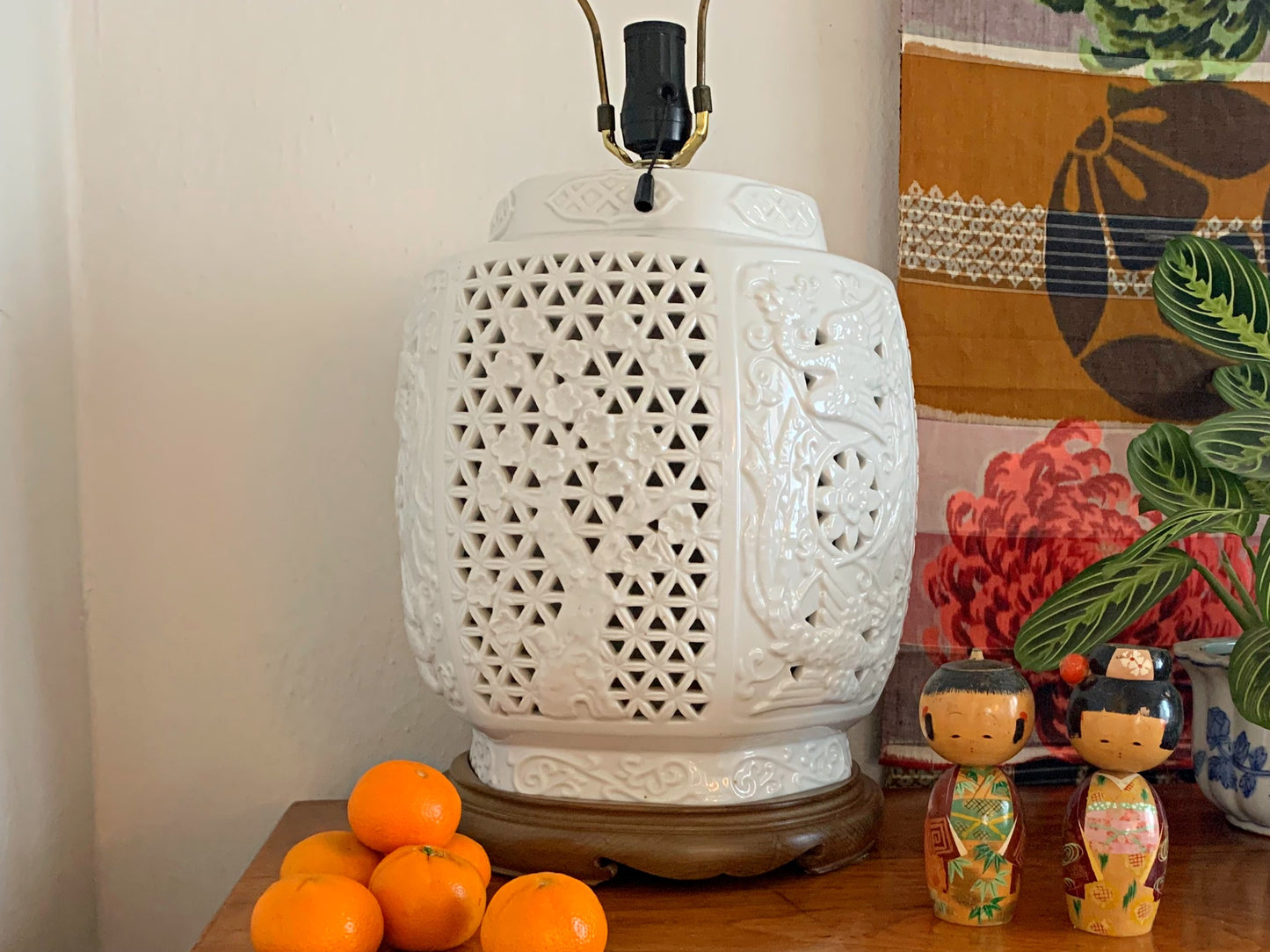 1950s Huge Reticulated Pierced Blanc De Chine Lamp by Seyei Fine Porcelain