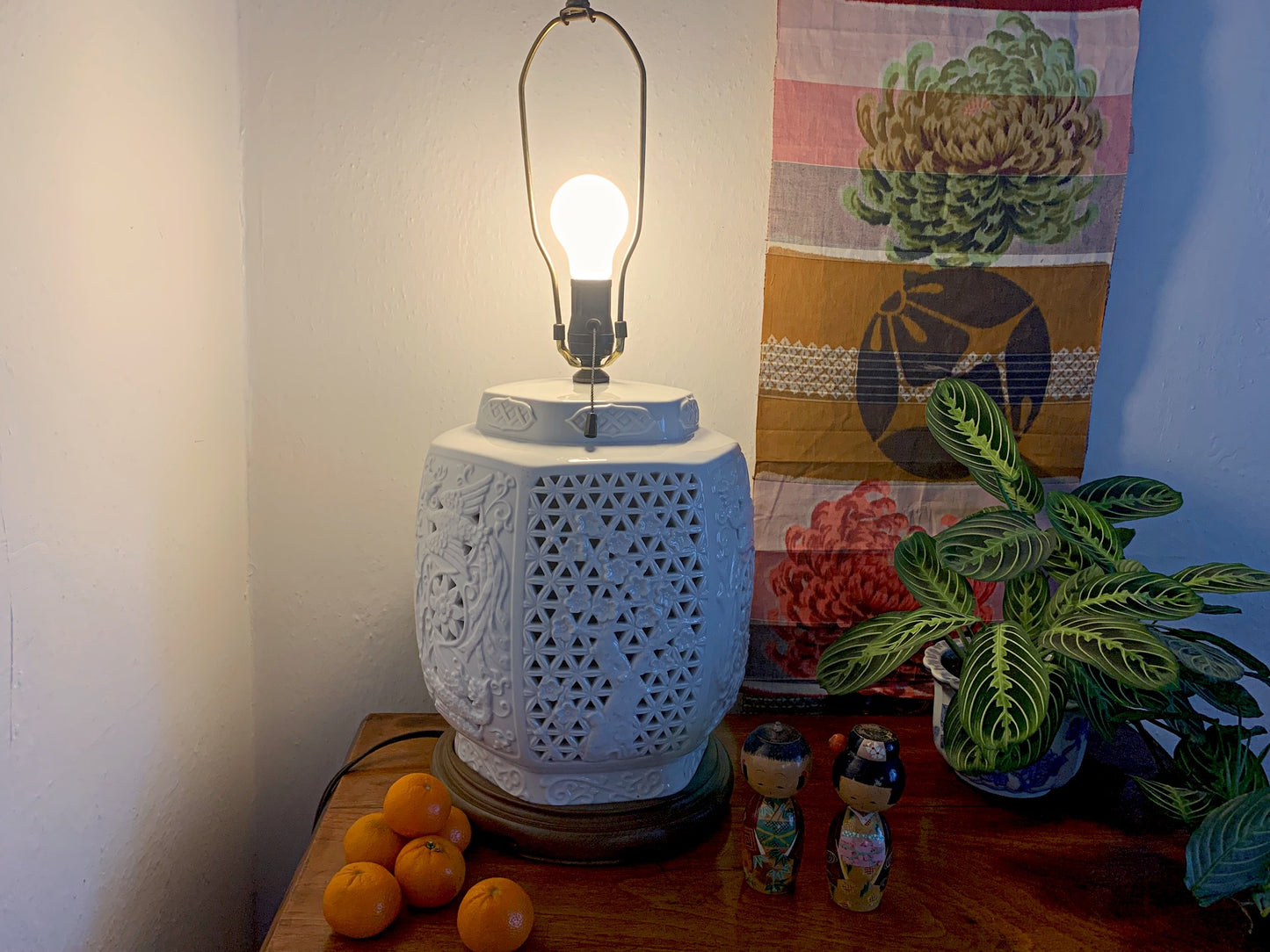 1950s Huge Reticulated Pierced Blanc De Chine Lamp by Seyei Fine Porcelain