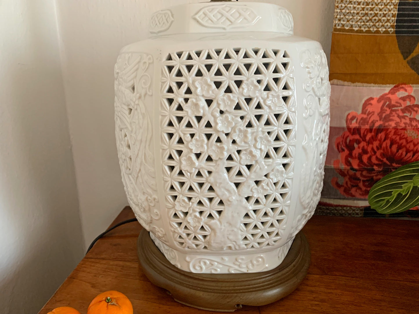 1950s Huge Reticulated Pierced Blanc De Chine Lamp by Seyei Fine Porcelain