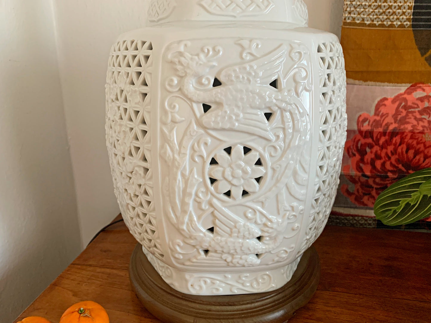 1950s Huge Reticulated Pierced Blanc De Chine Lamp by Seyei Fine Porcelain