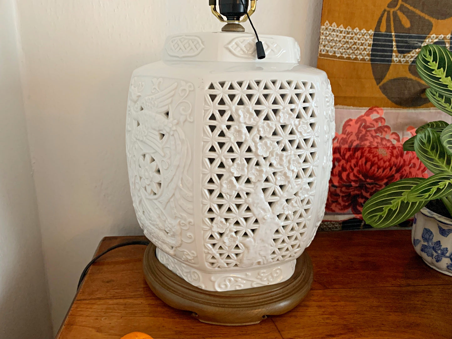 1950s Huge Reticulated Pierced Blanc De Chine Lamp by Seyei Fine Porcelain