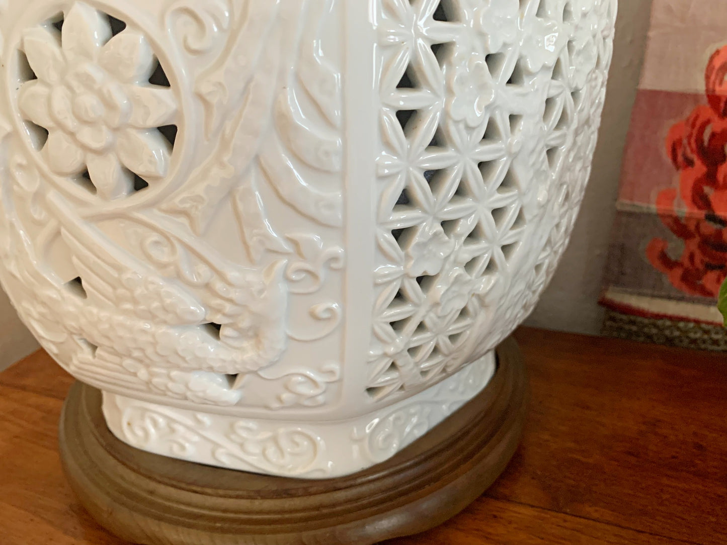 1950s Huge Reticulated Pierced Blanc De Chine Lamp by Seyei Fine Porcelain