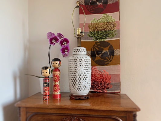 Vintage Blanc de Chine Pierced Porcelain Japanese Cherry Blossom Table Lamp