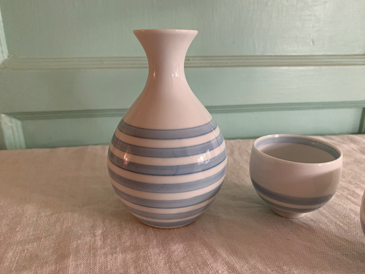 Striped Sake Bottle with Two Cups