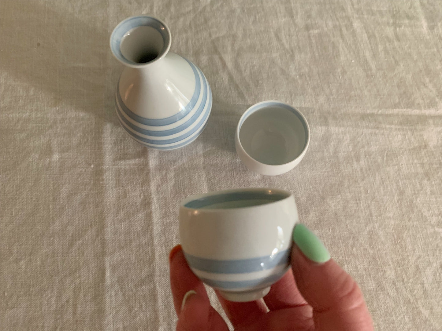 Striped Sake Bottle with Two Cups