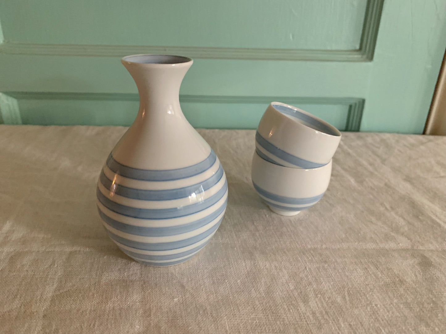 Striped Sake Bottle with Two Cups